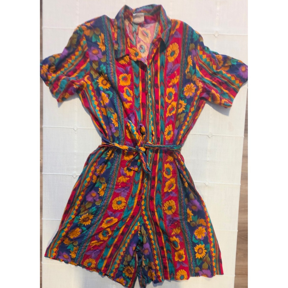 Vintage Koret Petite Romper Multi Color Floral Geometric Short Sleeve Large